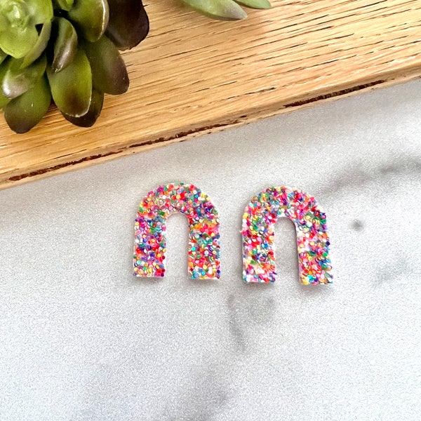 Colorful Sprinkle Glitter Fabric Precut Small Rainbow Arch Earring Blanks - Faux Leather Wholesale Pendants - Summer Earring Charms