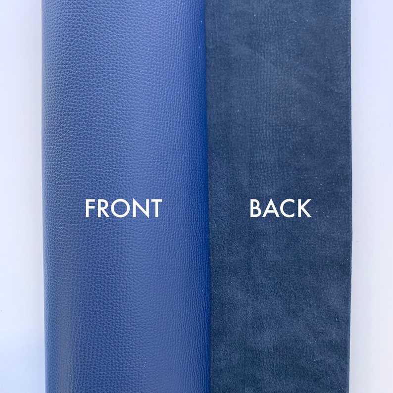 May include: Close-up of a blue leather material with a textured surface on the front and a smooth, dark blue suede surface on the back. The words "FRONT" and "BACK" are printed in white on the material.