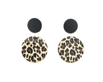 Chocolate Leopard with Black Luxe Circle Earring Bundle Teardrop Pendants, Genuine Leather DIY Earring Shapes, Layered Circular Earrings