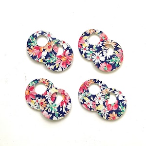 NEW! Navy Summer Floral Circle Cut-Out Earring Blanks, Genuine Leather, Flower Print Teardrops, Wholesale Earring Pendants, DIY Earring