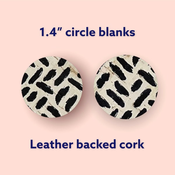 Black & White Abstract Brushstrokes Print 1.4" Circle Earring Shapes Blanks, Leather Backed Cork DIY Die Cut Monochrome Circle Pendants