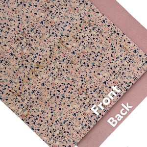 May include: A sheet of pink and white patterned faux leather with a terrazzo design. The back side of the sheet is a solid pink color. "Front" and "Back" are written on the sheet.