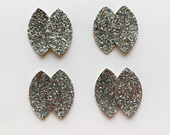 Silver Metallic Glitter LEAF Shape Faux Leather Teardrop Earring Supplies, 4 pairs Geometric Shapes, Wholesale Teardrop Pendant Shapes