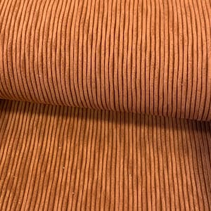 May include: Close-up of a brown corduroy fabric with a ribbed texture. The fabric is folded in half, showing the underside of the material.
