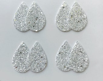White Metallic Glitter Fabric Teardrop Shapes for Earrings, Faux Vegan Leather Earring Supplies, Wholesale Leather Earring Making
