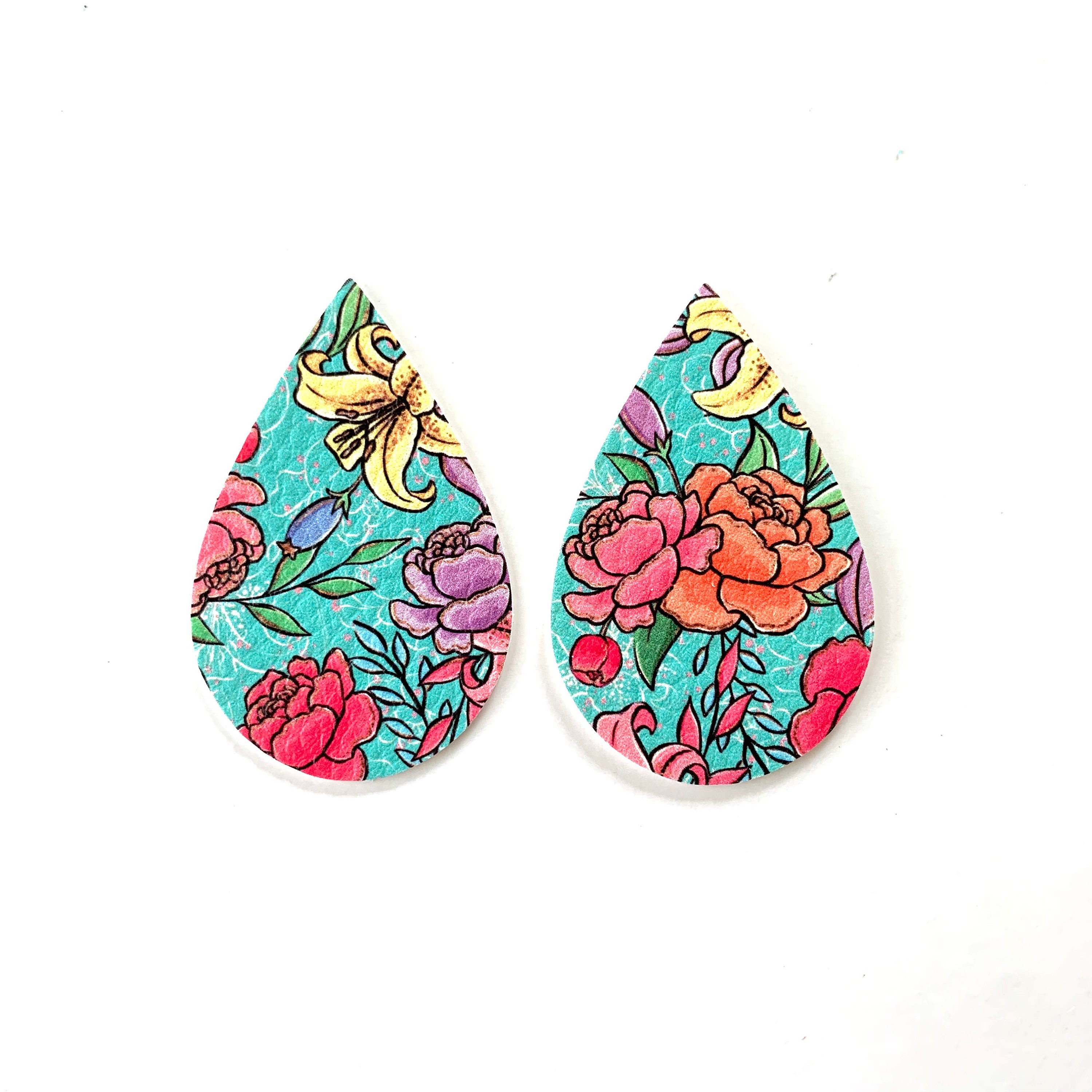 NEW FAUX Leather DIY Earrings Turquoise Hawaiian Floral Print Lilly Inspired Teardrop Earring Blanks Pre-cut Earring Pendant Shapes