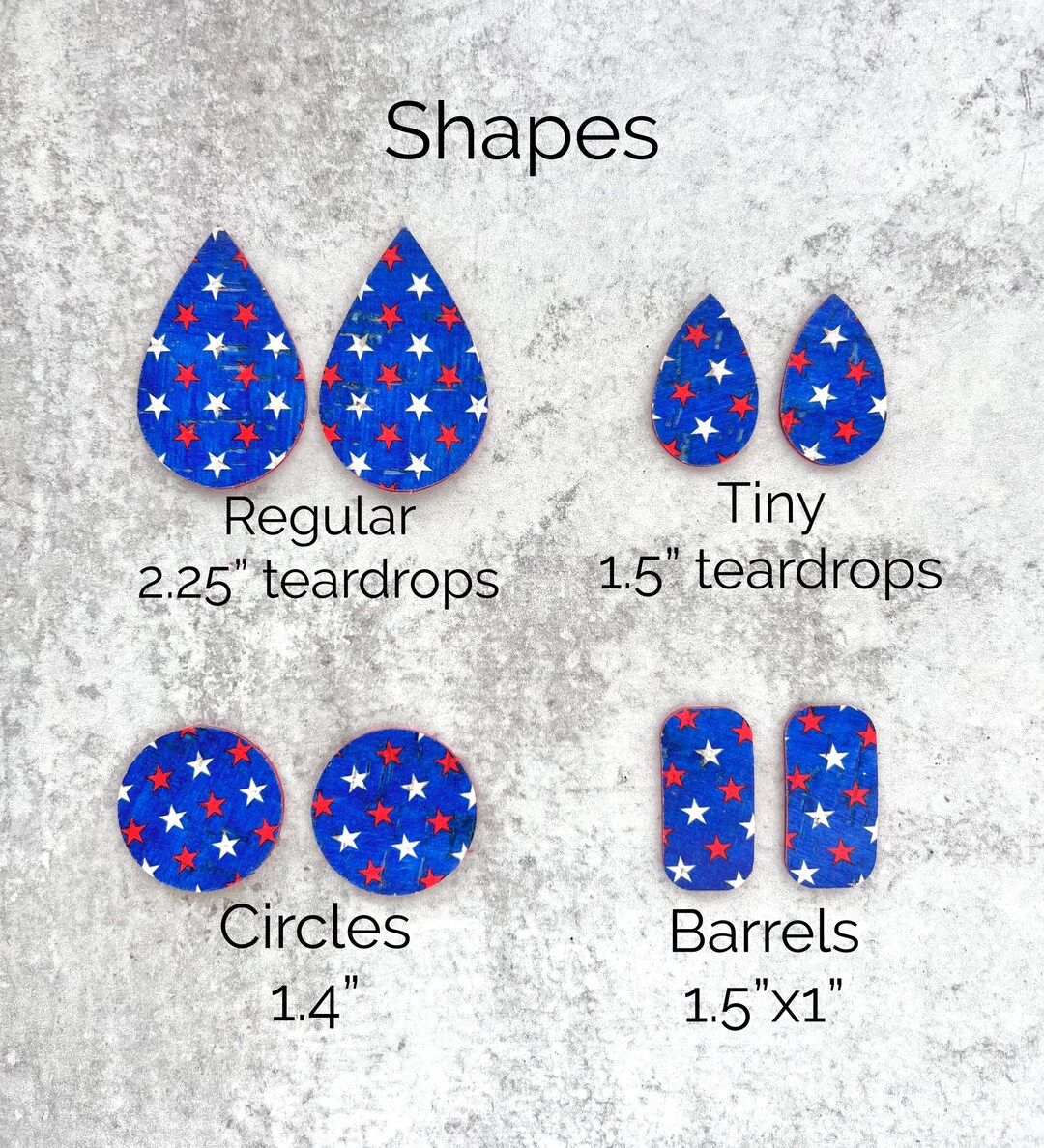 Red White & Blue Stars Print Cork on Leather Precuts Teardrops, DIY