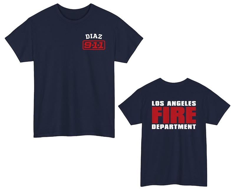 May include: Two navy blue t-shirts. The first t-shirt has "DIAZ 9-1-1" printed on the front in white text with a red rectangle around the text. The second t-shirt has "LOS ANGELES FIRE DEPARTMENT" printed on the front in white text with "FIRE" in red text.