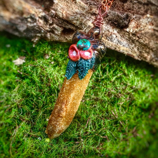 Slender Citrine Spirit Quartz Crystal and Turquoise  Hand Crafted Woodland Necklace