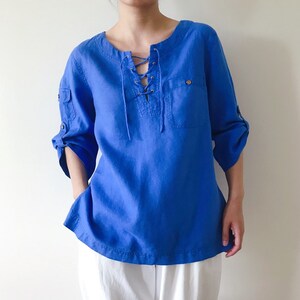 vintage linen shirt linen top linen tunic linen blouse minimalist linen Lauren Ralph Lauren blue Y2K capsule wardrobe size M