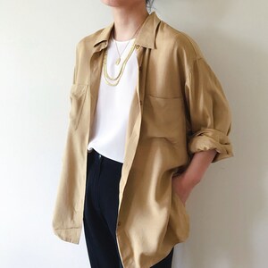 vintage silk blouse boyfriend style shirt minimalist silk top silk shirt 90s retro style khaki clay capsule wardrobe size M/L