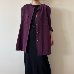 vintage silk blazer silk jacket silk duster purple 90s retro vintage style Neiman Marcus silk blouse minimalist capsule wardrobe size 2X