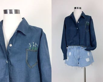 vintage linen blouse/ embroidered/ linen shirt/ linen top/ button down/ women's size S/M