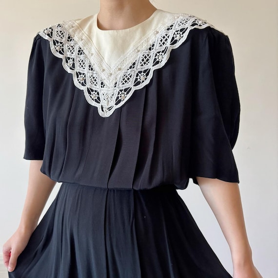 vintage dress pleated dress midi dress long dress Black floral lace pearl maxi dress 80s retro style minimalist size M vintage dress pleated dress midi dress long dress Black floral lace pearl maxi dress 80s retro style minimalist size M