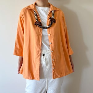 vintage silk shirt silk duster silk shirt silk top matte silk orange button down minimalist capsule wardrobe 90s retro vintage style XL