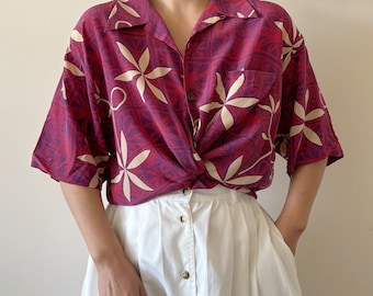 vintage silk blouse silk shirt silk top floral pink 90s retro vintage style button down minimalist vacation tropical beach shirt size M/L