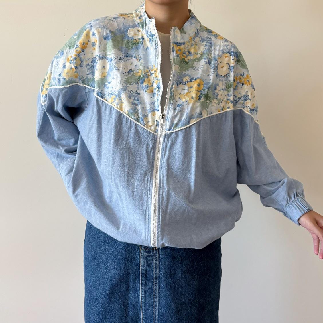 Vintage Jacket 80s Jacket Blue Floral Cotton Windbreaker Bomber