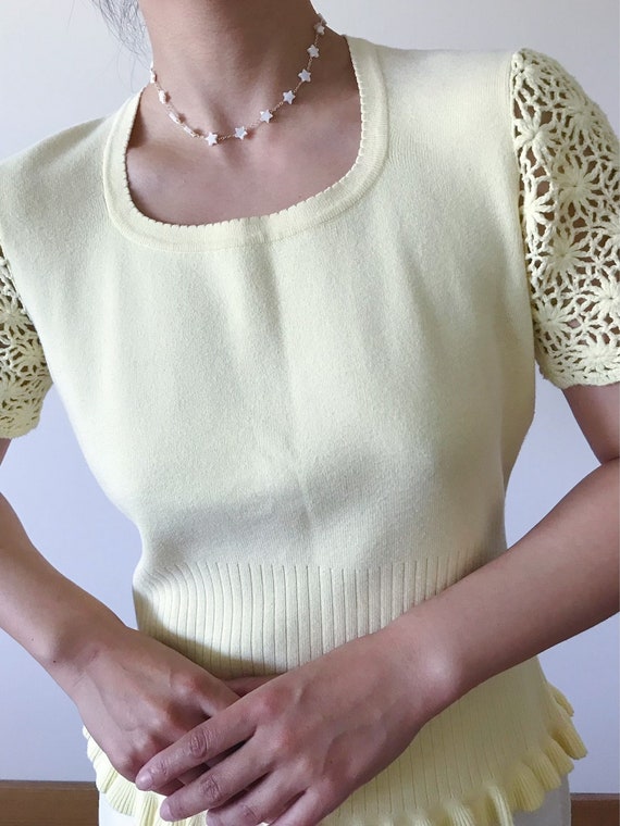 vintage knit top crochet shirt cotton light yello… - image 4