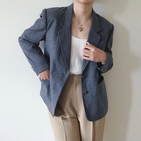 vintage wool blazer minimalist blazer double chest double breasted classic design fitted jacket gray capsule wardrobe size S/M