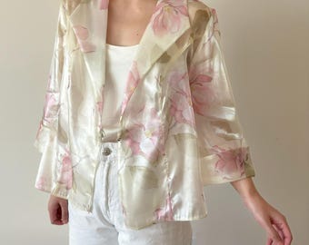 vintage blouse floral blouse sheer blazer vintage blazer vintage jacket yellow pink satin metallic vintage style 90s retro style size L