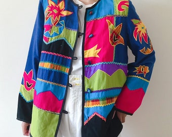 vintage jacket patchwork jacket floral embellished wearable art rainbow patched jacket boho embroidered 90s Y2K vintage blazer size S/M