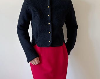 vintage wool jacket wool blazer boiled wool felted wool black minimalist capsule wardrobe button down cropped 90s retro style size XS/S