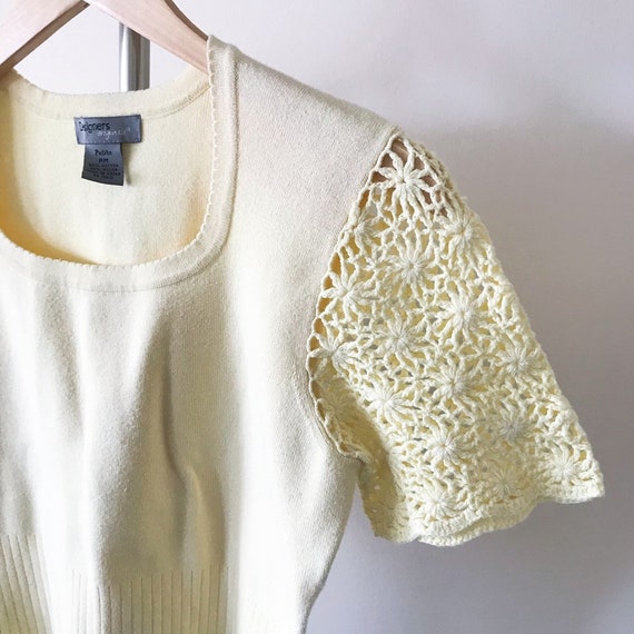 vintage knit top crochet shirt cotton light yello… - image 8