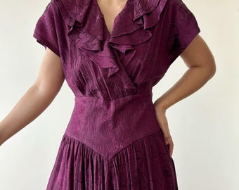 vintage dress ruffle collar shirt dress satin metallic floral purple 80s dress retro vintage style midi dress shift dress sun dress size S/M