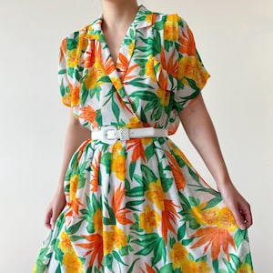 vintage dress shirt dress floral pleated dress 60s dress 70s dress midi dress maxi dress vintage style green orange yellow size M/PL