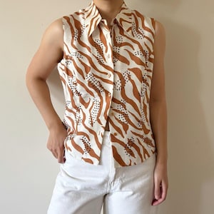 vintage silk blouse silk shirt silk top 90s retro vintage style deadstock NWT animal print zebra sequin beaded white brown size S/M