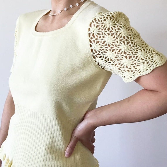 vintage knit top crochet shirt cotton light yello… - image 1