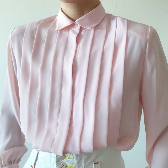 vintage silky blouse pink blush pleated silky shi… - image 2
