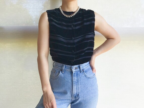 vintage velvet tank top black button down sleevel… - image 4