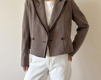 vintage wool blazer minimalist blazer brown khaki double chest double breasted cropped jacket hounds tooth tweed 90s retro style size S/M