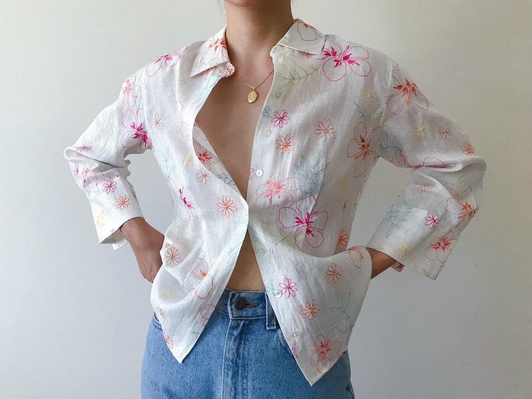 Vintage Linen Blouse White Rainbow Floral Embroidered Linen Etsy