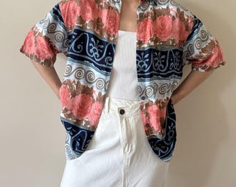 vintage blouse pink blue floral vintage shirt vintage top unisex gender neutral button down 80s 90s retro vintage style size S/M/L