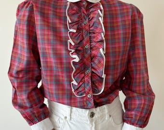vintage blouse geruite blouse vintage shirt roze rood katoen ruches kraag button-down jaren 80 jaren 70 retro vintage stijl peter pan kraag maat M
