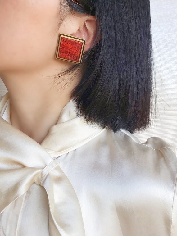 vintage wooden earrings wooden square wooden stud… - image 7