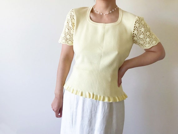 vintage knit top crochet shirt cotton light yello… - image 5