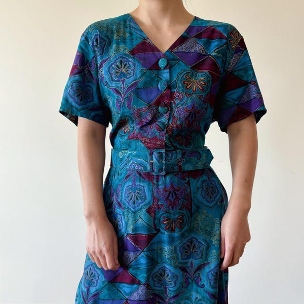 vintage dress shirt dress blue purple shift dress sun dress 80s retro vintage style maxi dress midi dress v neck Made in USA size M/PL