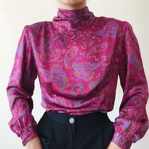 vintage silk shirt pleated silk blouse paisley silk top charmeuse metallic satin 80s retro style minimalist button down shirt pink size S/M