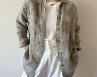 vintage linen blouse linen top linen shirt button down minimalist capsule wardrobe green block tweed garden linen 90s retro style Y2K size M
