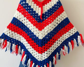Vintage Poncho Crochet Poncho Vintage Shawl Red White Blue 90s