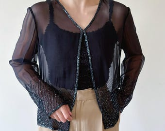 vintage silk blouse beaded top silk cardigan formal evening sheer black silk shirt silk top silk blouse date cocktail 90s retro size S/M