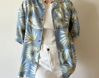 Blusa de seda vintage con estampado floral para hombre, camisa de seda, blusa de seda con botones, azul, verde, minimalista, unisex, vacaciones, tropical, años 90, retro, talla M