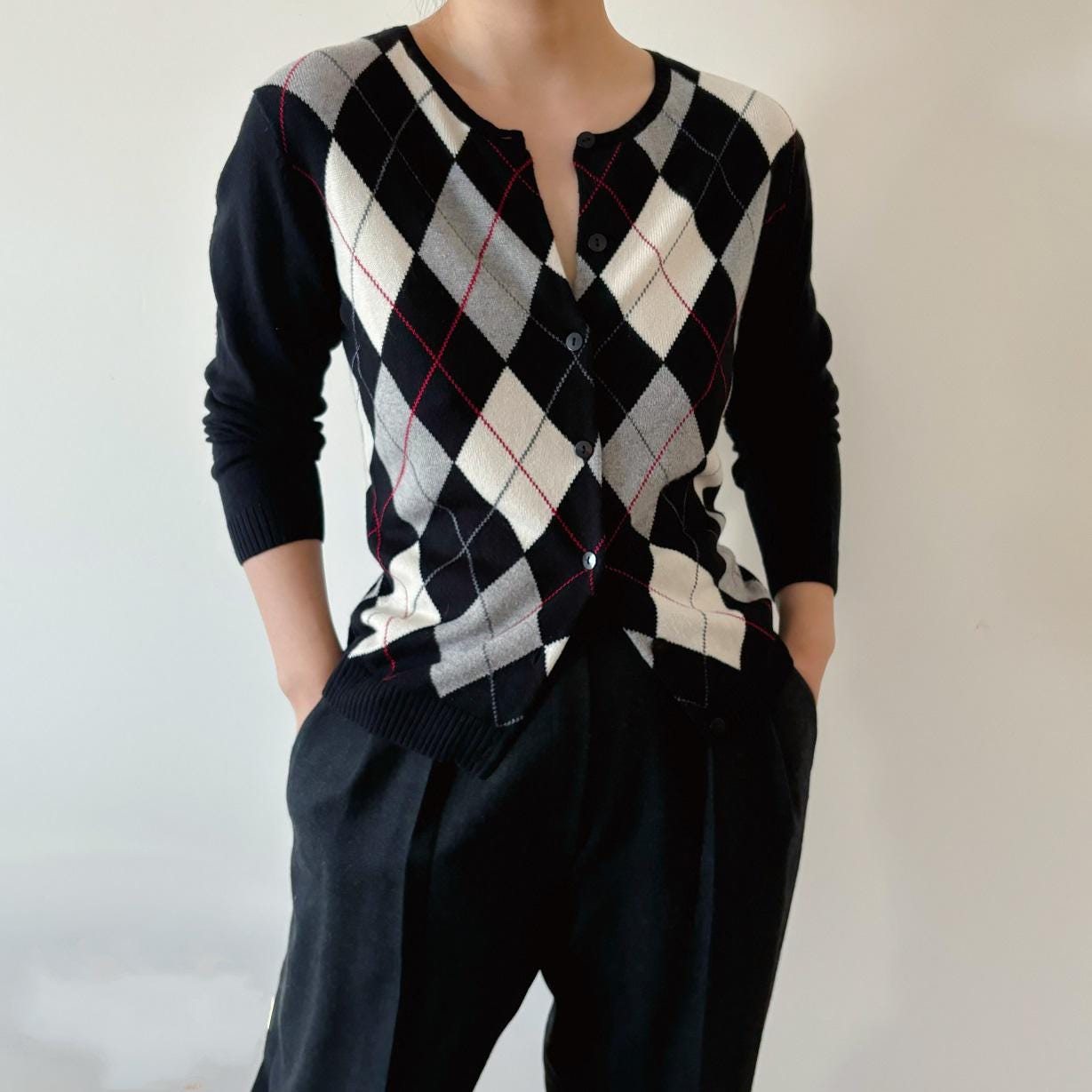 Vintage Silk Cardigan Cashmere Cardigan Minimalist Argyle Black 