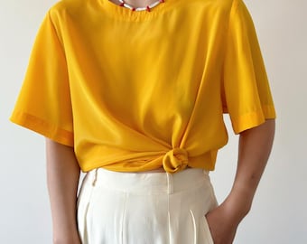vintage blouse yellow vintage shirt vintage top satin short sleeve minimalist 90s 80s retro style classic style size M