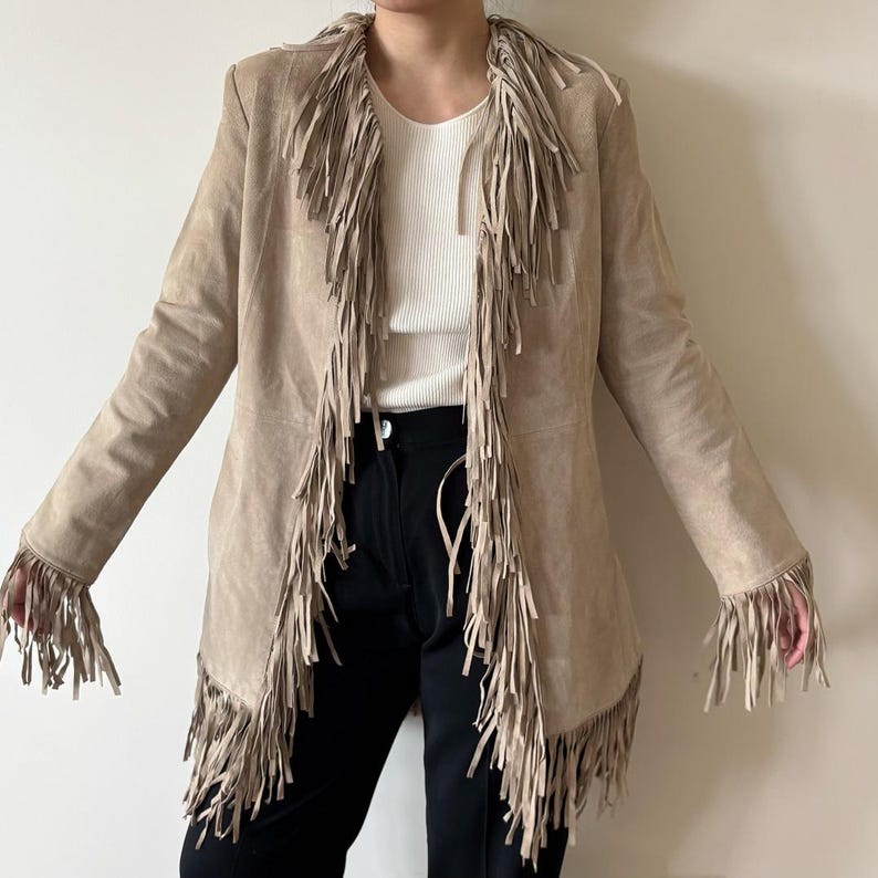 vintage jacket fringe suede jacket leather jacket suede jacket 90s retro vintage style leather coat suede coat trench coat size S image 5