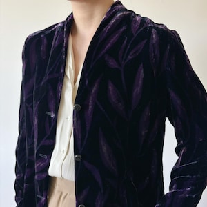 vintage velvet duster velvet long shirt velvet jacket velvet blouse silk shirt silk blouse silk  black purple floral minimalist size M