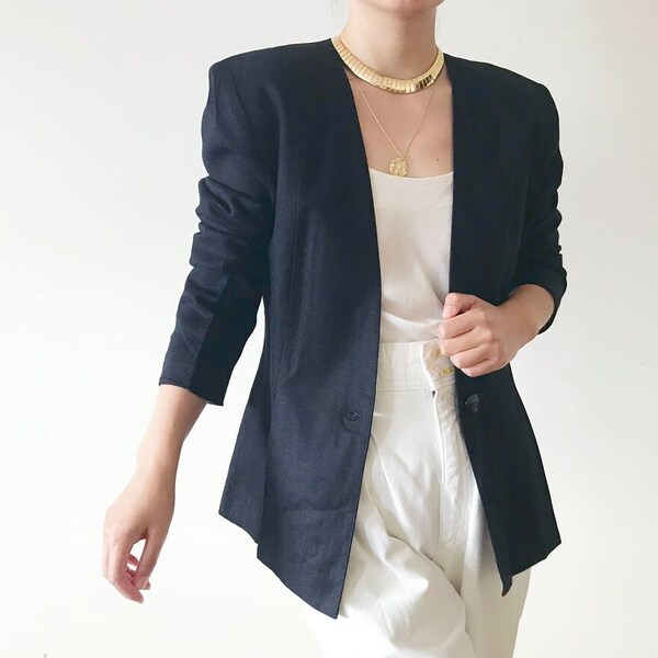 vintage linen blazer minimalist blazer black blazer vintage jacket classic design fitted jacket capsule wardrobe Michelle Stuart size S/M